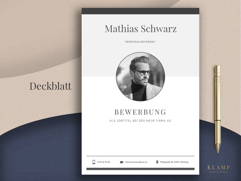 May include: A resume template featuring the name "Mathias Schwarz" and the word "BEWERBUNG". A black and white portrait of a man wearing glasses is in a circle. A gold pen is on the right.