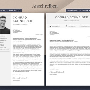 May include: A resume template in German, featuring two versions: one with a photo and one without. The document includes the name "Conrad Schneider" and the title "Berufsbezeichnung". The text is in black on a white background.