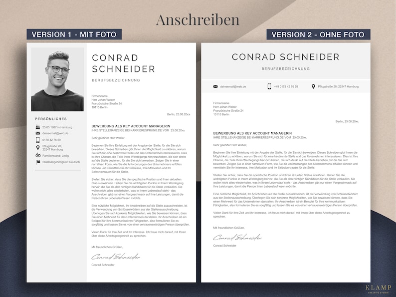 May include: A resume template in German, featuring two versions: one with a photo and one without. The document includes the name "Conrad Schneider" and the title "Berufsbezeichnung". The text is in black on a white background.