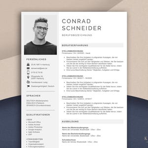 May include: A resume template with a black and white photo of a man wearing glasses. The resume includes sections for personal information, work experience, and education. A gold pen rests on a dark blue background.
