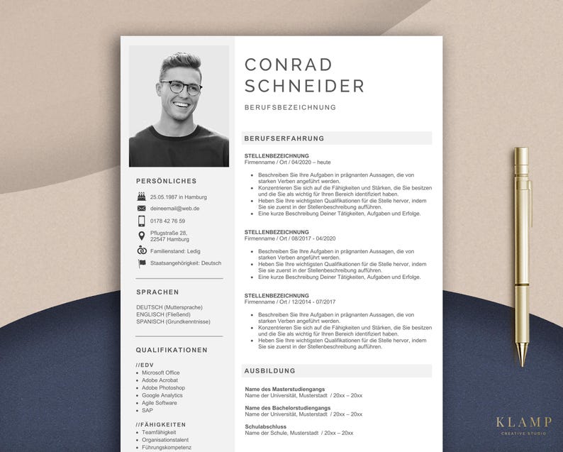 May include: A resume template with a black and white photo of a man wearing glasses. The resume includes sections for personal information, work experience, and education. A gold pen rests on a dark blue background.