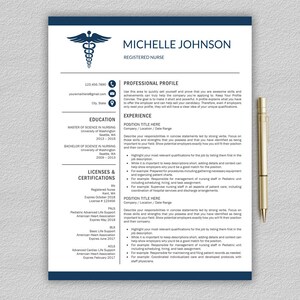 May include: A blue and white resume template for a registered nurse. The resume includes sections for education, experience, licenses and certifications, and a professional profile. The resume is formatted with a medical symbol at the top.
