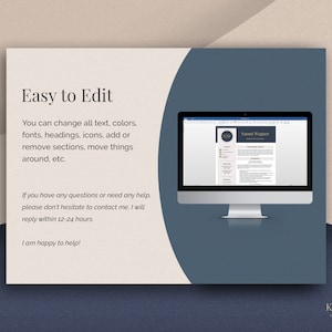 May include: A computer monitor displays a resume template with the name "Naomi Wagner." The text "Easy to Edit" is at the top left. The text below says you can change text, colors, fonts, headings, icons, add or remove sections, move things around, etc.