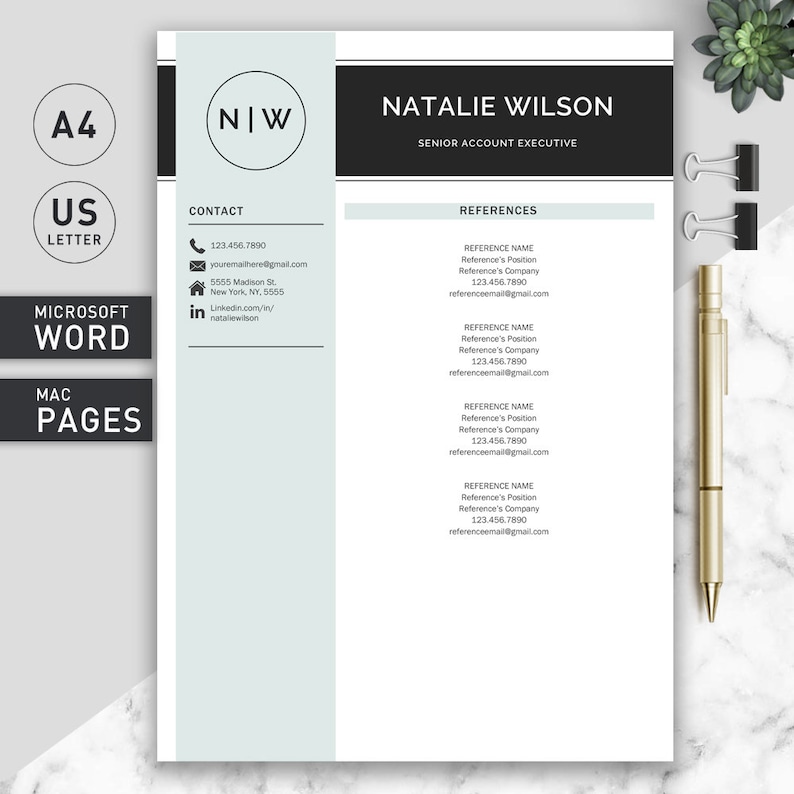 May include: A black and white resume template with the name Natalie Wilson and the title Senior Account Executive. The template includes contact information, references, and a section for work experience.