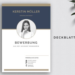 May include: A blue and gold cover page for a job application. The cover page includes a headshot of a woman, the text "KERSTIN M&Ouml;LLER", "PERSONALREFERENT", "BEWERBUNG", "ALS KEY ACCOUNT MANAGERIN", and "DECKBLATT".
