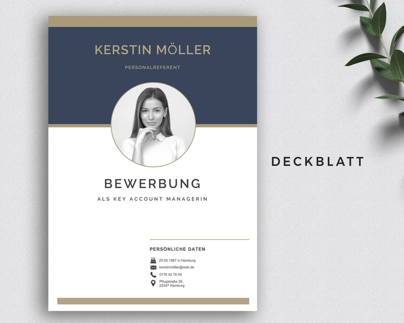 May include: A blue and gold cover page for a job application. The cover page includes a headshot of a woman, the text "KERSTIN M&Ouml;LLER", "PERSONALREFERENT", "BEWERBUNG", "ALS KEY ACCOUNT MANAGERIN", and "DECKBLATT".