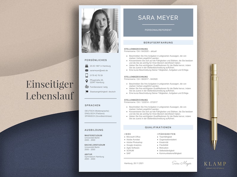 May include: A professional CV template featuring a woman's headshot, labelled "SARA MEYER". The CV includes sections for personal details, work experience, education, and skills. A gold pen is positioned on the right.