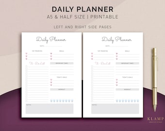 A5 Daily Planner, Daily Schedule, Daily Planner Printable, Personal Planner Pages, Personal Inserts, Printable Day, Daily Planner Half Size