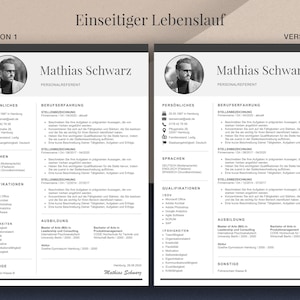 May include: A two-page CV template in monochrome. The CV includes sections for personal details, work experience, skills, and education. The name "Mathias Schwarz" is displayed at the top.
