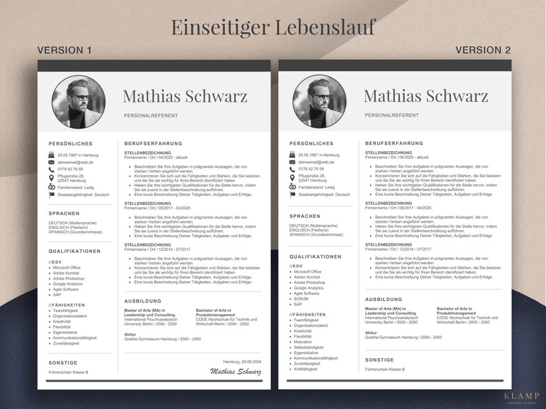 May include: A two-page CV template in monochrome. The CV includes sections for personal details, work experience, skills, and education. The name "Mathias Schwarz" is displayed at the top.