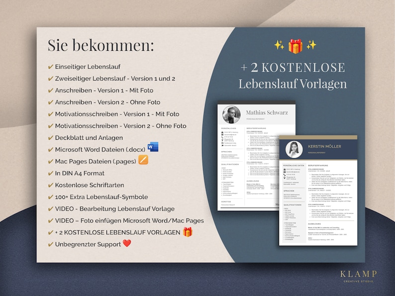 May include: A digital resume template with a dark blue and white design. The image includes two resume examples, a list of features, and the text "+ 2 FREE Resume Templates."