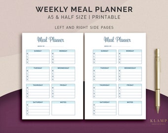 Planificador de menú semanal A5 Planificador de comidas imprimible, Planificador de menús, Planificador de comidas de tamaño medio, Planificador de alimentos, Planificador de comidas imprimible
