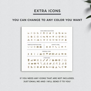 May include: A sheet of paper with a list of icons for social media, websites, personal use, and other categories. The icons are in a gold color and the text is in black. The text reads "Extra Icons" and "You can change to any color you want".
