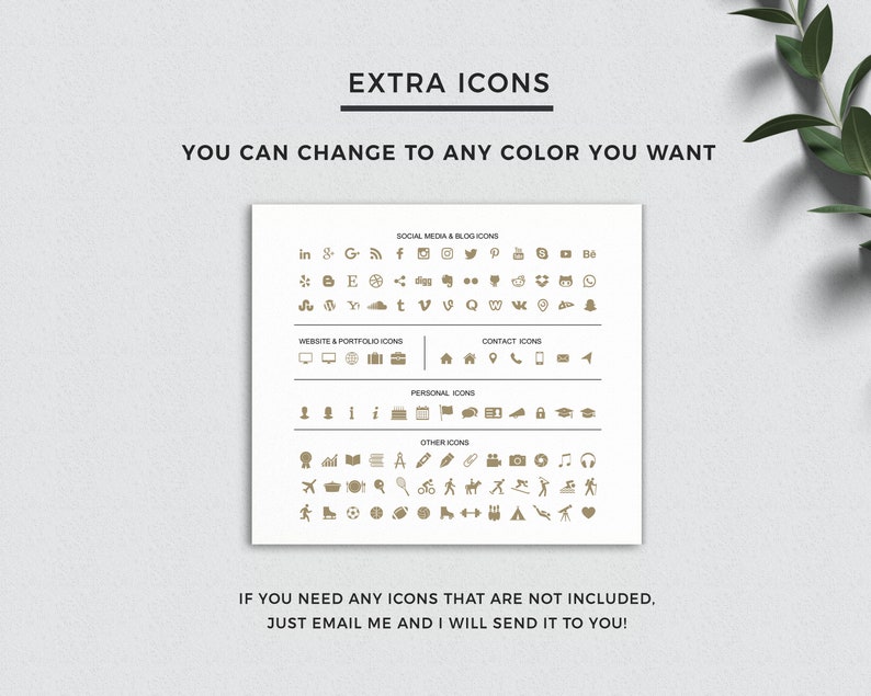 May include: A sheet of paper with a list of icons for social media, websites, personal use, and other categories. The icons are in a gold color and the text is in black. The text reads "Extra Icons" and "You can change to any color you want".