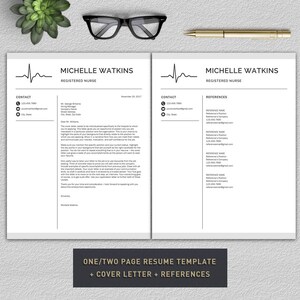 May include: A black and white resume template with a cover letter and references. The template features a heartbeat graphic and the text "Michelle Watkins, Registered Nurse".