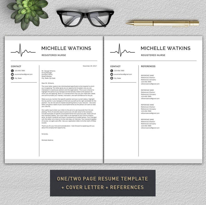 May include: A black and white resume template with a cover letter and references. The template features a heartbeat graphic and the text "Michelle Watkins, Registered Nurse".