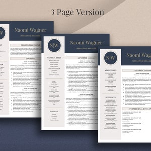 May include: A three-page resume template with a navy blue and cream color scheme. The resume includes sections for contact information, professional profile, experience, technical skills, and interests. The name "Naomi Wagner" and the title "Marketing Manager" are prominently displayed.
