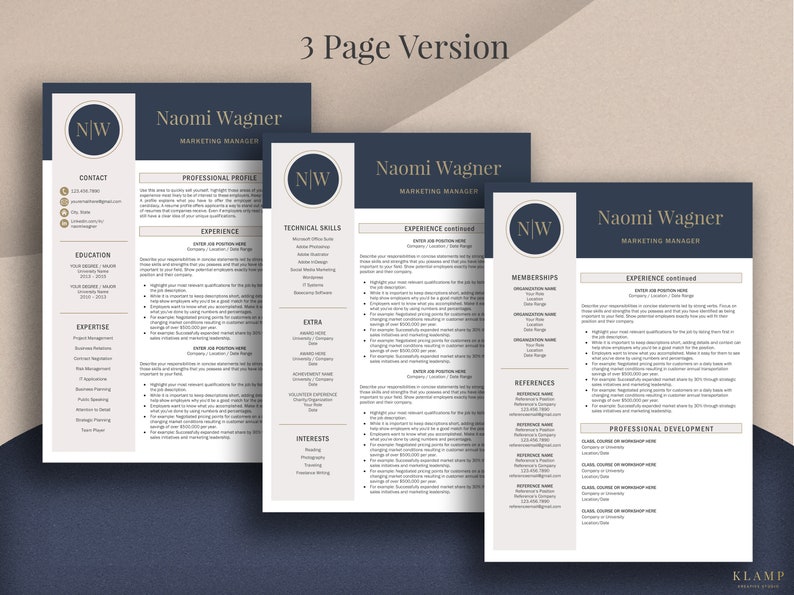 May include: A three-page resume template with a navy blue and cream color scheme. The resume includes sections for contact information, professional profile, experience, technical skills, and interests. The name "Naomi Wagner" and the title "Marketing Manager" are prominently displayed.