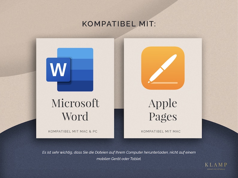 May include: Image showing the Microsoft Word and Apple Pages logos, indicating compatibility. The text reads "KOMPATIBEL MIT:" and "Es ist sehr wichtig, dass Sie die Dateien auf Ihrem Computer herunterladen, nicht auf einem mobilen Ger&auml;t oder Tablet."