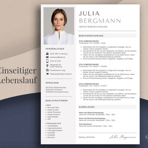 以下が含まれることがあります： 女性の画像、テキスト「Julia Bergmann」、見出し「Berufserfahrung」（ドイツ語で「職務経験」）が記載された履歴書テンプレート。履歴書には、職務経験、スキル、教育が記載されています。