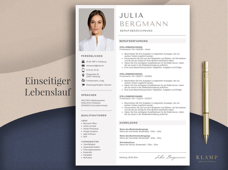 以下が含まれることがあります： 女性の画像、テキスト「Julia Bergmann」、見出し「Berufserfahrung」（ドイツ語で「職務経験」）が記載された履歴書テンプレート。履歴書には、職務経験、スキル、教育が記載されています。