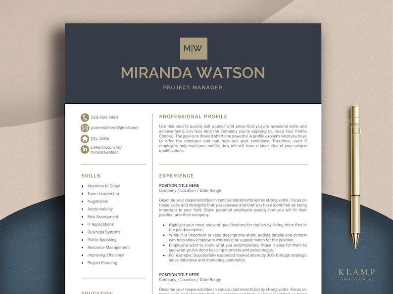 May include: A dark blue resume template with gold accents. The resume is for Miranda Watson, Project Manager. The resume includes contact information, skills, experience, and education.