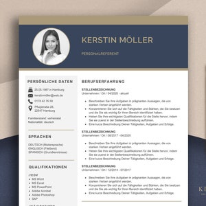 May include: A black and white resume template with a headshot of a woman. The resume includes personal information, work experience, and skills. The text on the resume is in German.