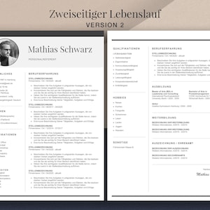 May include: A two-page CV template in monochrome, displaying the name "Mathias Schwarz" and personal information. The document includes sections for qualifications, work experience, education, and hobbies. The design is clean and professional.