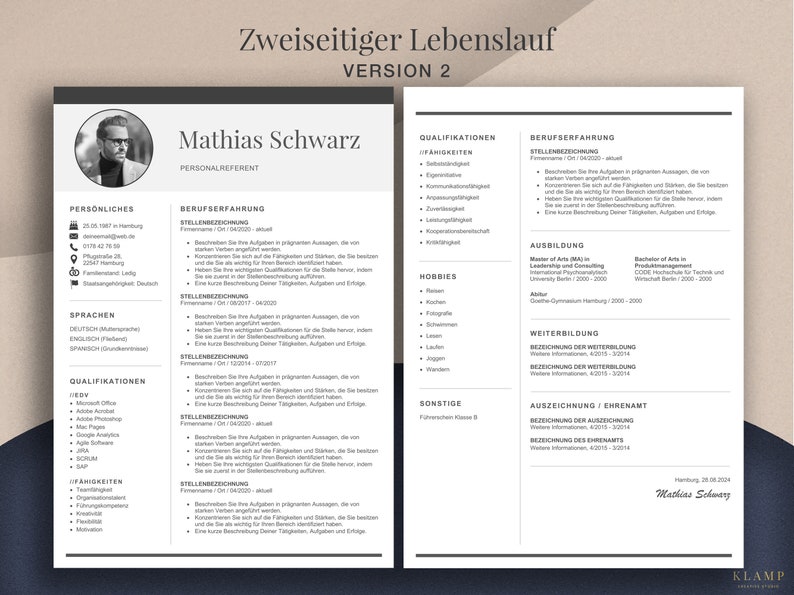 May include: A two-page CV template in monochrome, displaying the name "Mathias Schwarz" and personal information. The document includes sections for qualifications, work experience, education, and hobbies. The design is clean and professional.
