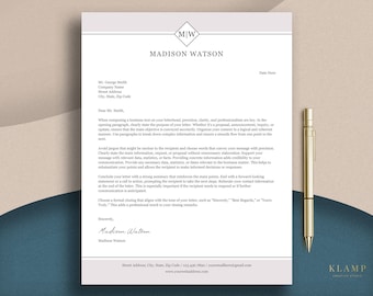 Könnte beinhalten: Eine professionelle Geschäftsbriefvorlage mit grauem Hintergrund und schlichtem Design. Der Briefkopf enthält die Initialen "MW" und den Namen "Madison Watson". Der Brief ist an "Mr. George Smith" adressiert und enthält ein Datum, eine Anrede und einen Schluss.