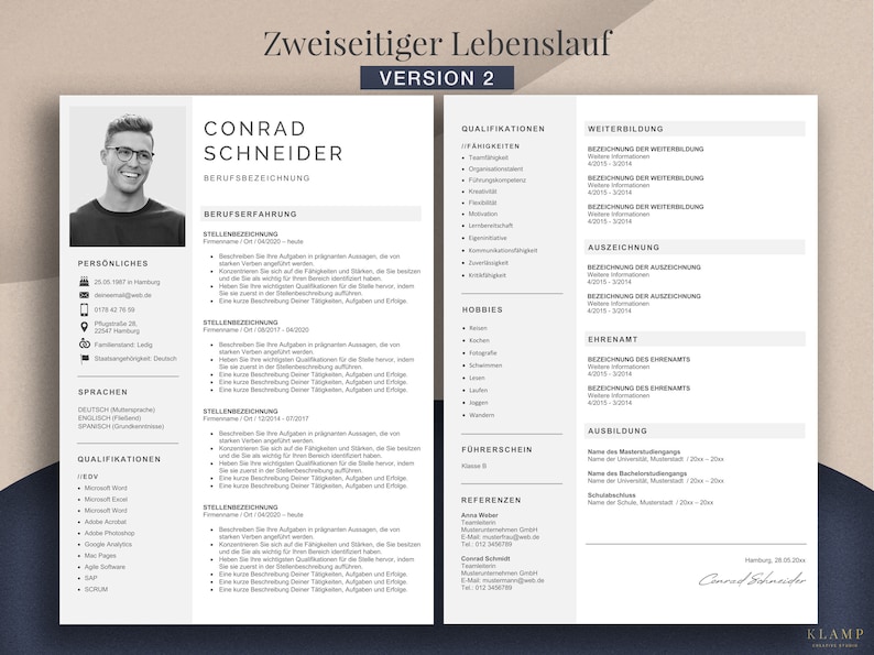 May include: A two-page resume template in a minimalist design. The resume features a headshot, personal details, skills, work experience, education, and references. The layout is clean with a professional font and a light background.