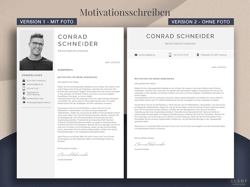 May include: Two resume templates, one with a photo and one without. Both feature the name "CONRAD SCHNEIDER" and the text "Motivationsschreiben" at the top. The resumes are in black and white with a minimalist design.