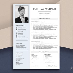 May include: A professional resume template featuring a headshot of a smiling person. The resume includes sections for personal details, work experience, education, and qualifications. A gold pen rests on a dark blue surface.