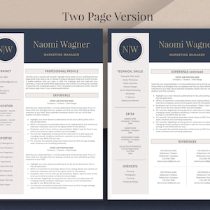 May include: A two-page resume template with a navy blue and beige color scheme. The resume includes sections for contact information, professional profile, experience, education, expertise, technical skills, extra, interests, and references. The name "Naomi Wagner" is prominently displayed.
