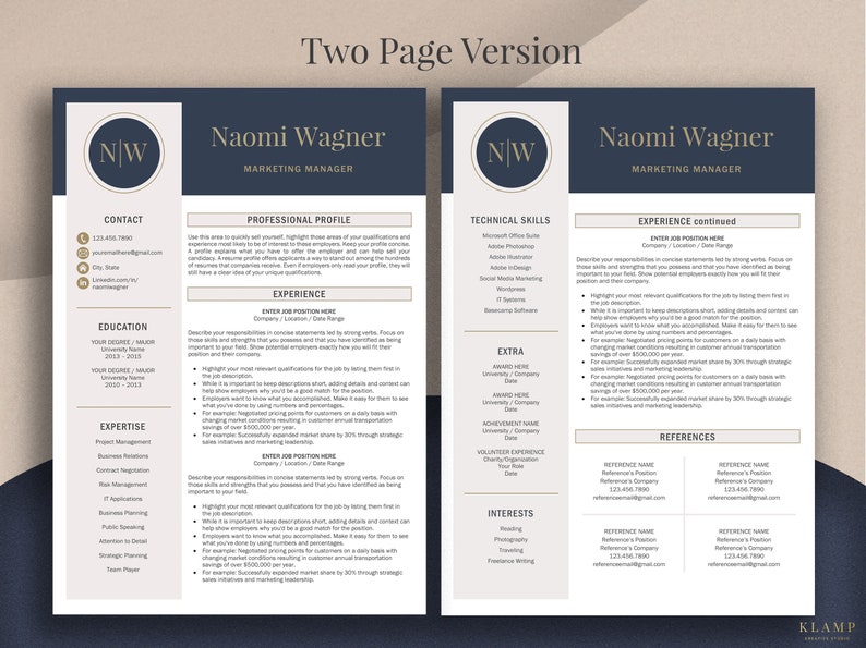 May include: A two-page resume template with a navy blue and beige color scheme. The resume includes sections for contact information, professional profile, experience, education, expertise, technical skills, extra, interests, and references. The name "Naomi Wagner" is prominently displayed.