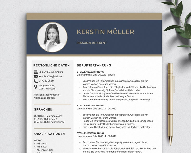 May include: A black and white CV with the name Kerstin M&ouml;ller and the title Personalreferent. The CV includes personal information, work experience, skills, and languages.