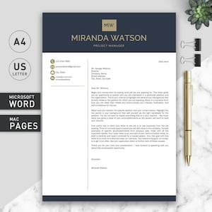 May include: A black and white cover letter template with a dark blue header. The header includes the text "MIW" and "MIRANDA WATSON PROJECT MANAGER". The letter is addressed to "Mr. George Williams" and includes a salutation, "Dear Mr. Williams". The letter is a sample cover letter for a job application.