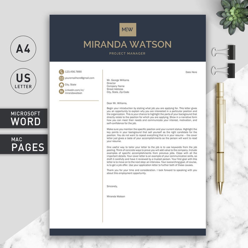 May include: A black and white cover letter template with a dark blue header. The header includes the text "MIW" and "MIRANDA WATSON PROJECT MANAGER". The letter is addressed to "Mr. George Williams" and includes a salutation, "Dear Mr. Williams". The letter is a sample cover letter for a job application.