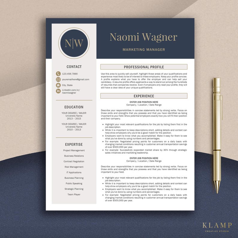 May include: A professional resume template with a navy blue and white color scheme. The resume includes sections for contact information, education, expertise, and professional profile. A gold pen rests on the right side of the resume.