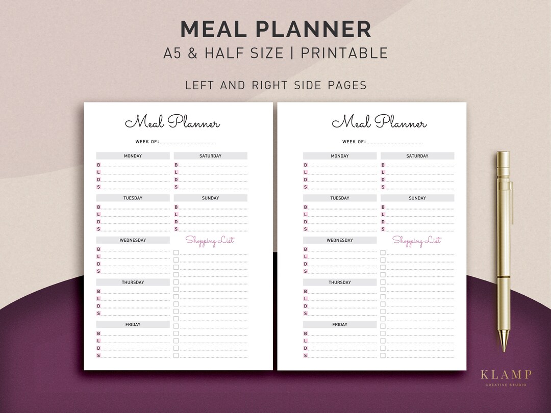 A5 Meal Planner Printable, Weekly Meal Planner, Menu Planner, Printable ...