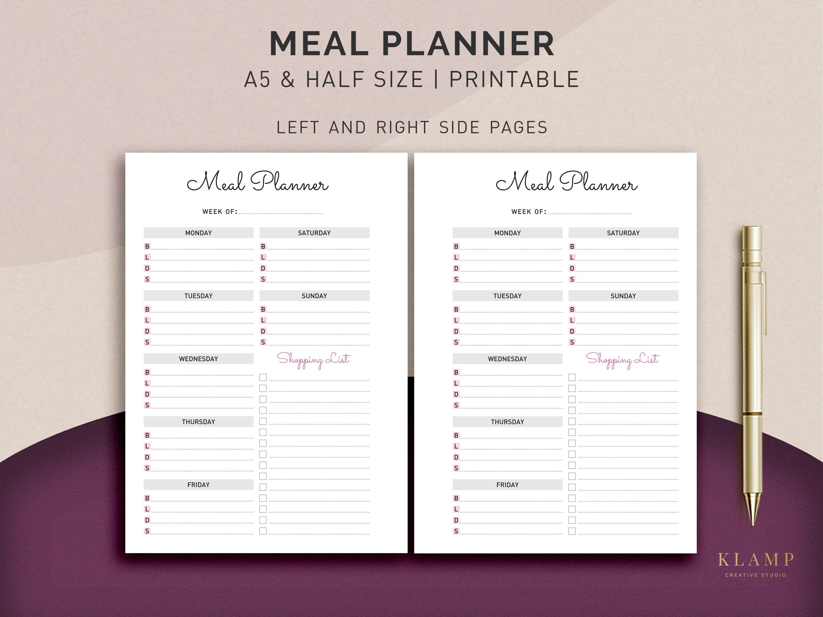 A5 Meal Planner Printable, Weekly Meal Planner, Menu Planner, Printable Meal Schedule, Shopping list, Meal Planner Half Size, Food Planner