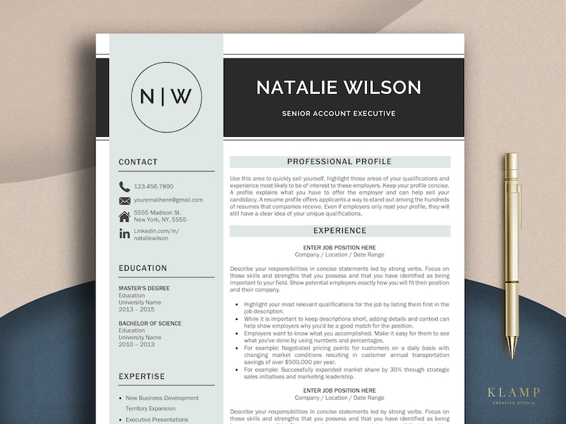 May include: A black and white resume template with the name Natalie Wilson and the title Senior Account Executive. The resume includes sections for contact information, education, expertise, professional profile, and experience.