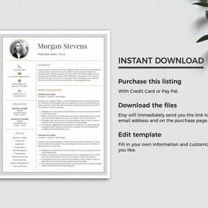 May include: A black and white resume template with a gold border. The template includes a photo, contact information, summary, work experience, education, and skills sections. The text "INSTANT DOWNLOAD" is in the upper right corner. The text "Purchase this listing with Credit Card or Pay Pal." is below the "INSTANT DOWNLOAD" text. The text "Download the files" is below the "Purchase this listing" text. The text "Etsy will immediately send you the link to your email address and on the purchase page." is below the "Download the files" text. The text "Edit template" is below the "Etsy will immediately send you the link to your email address and on the purchase page." text. The text "Fill in your own information and customize as you like." is below the "Edit template" text.