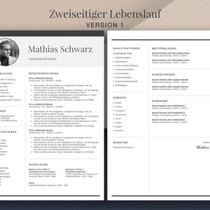 May include: A monochrome two-page CV template, with the name Mathias Schwarz at the top. It includes sections for personal information, work history, qualifications, and hobbies. The document has a photo.