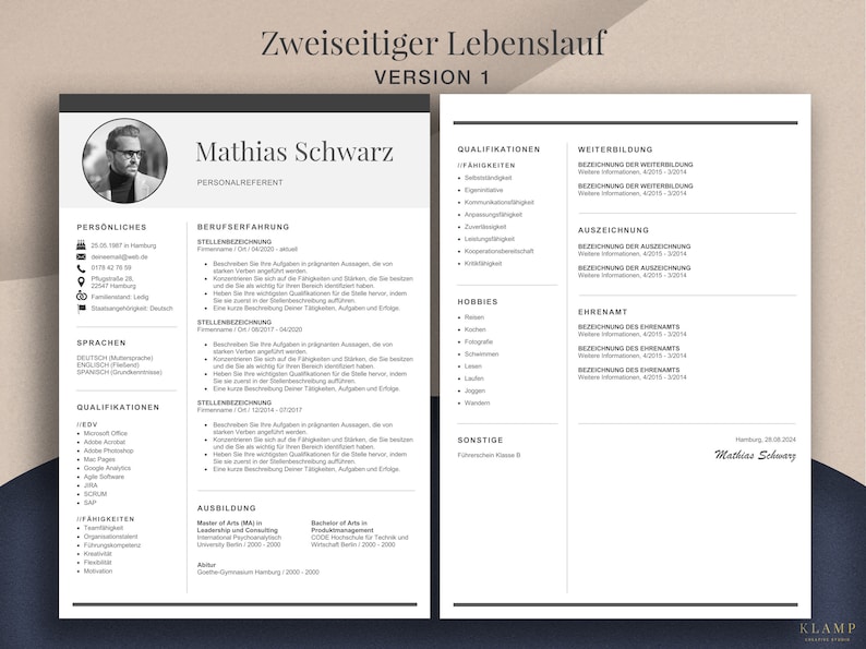 May include: A monochrome two-page CV template, with the name Mathias Schwarz at the top. It includes sections for personal information, work history, qualifications, and hobbies. The document has a photo.