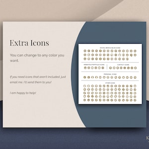 May include: A digital graphic with the text "Extra Icons" and various social media, website, and personal icons. The text encourages customization and offers additional icons upon request. The design features a neutral color palette with a dark blue accent.
