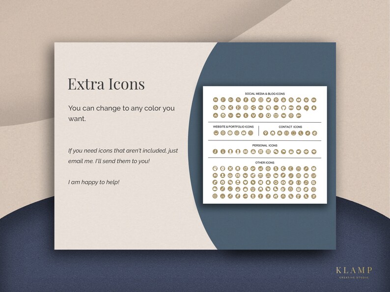 May include: A digital graphic with the text "Extra Icons" and various social media, website, and personal icons. The text encourages customization and offers additional icons upon request. The design features a neutral color palette with a dark blue accent.