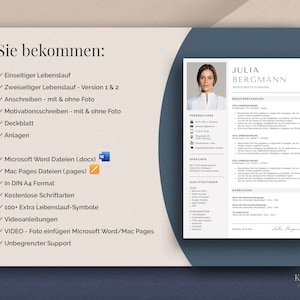 以下が含まれることがあります： 「Sie bekommen:」というテキストと項目のリストが書かれた青と白のプレゼンテーションスライド。リストには、「Einseitiger Lebenslauf」、「Zweiseitiger Lebenslauf - Version 1 & 2」、「Anschreiben - mit & ohne Foto」、「Motivationsschreiben - mit & ohne Foto」、「Deckblatt」、「Anlagen」、「Microsoft Word Dateien (.docx)」、「Mac Pages Dateien (.pages)」、「In DIN A4 Format」、「Kostenlose Schriftarten」、「100+ Extra Lebenslauf-Symbole」、「Videoanleitungen」、「VIDEO - Foto einf&uuml;gen Microsoft Word/Mac Pages」、「Unbegrenzter Support」が含まれています。スライドには、女性の画像と「JULIA BERGMANN BERUFSBEZEICHNUNG」というテキストが書かれたサンプル履歴書も含まれています。
