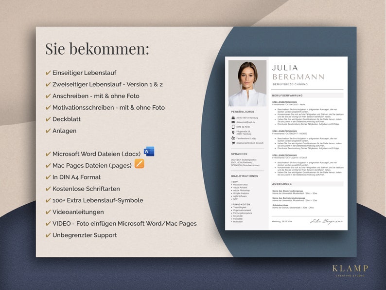以下が含まれることがあります： 「Sie bekommen:」というテキストと項目のリストが書かれた青と白のプレゼンテーションスライド。リストには、「Einseitiger Lebenslauf」、「Zweiseitiger Lebenslauf - Version 1 & 2」、「Anschreiben - mit & ohne Foto」、「Motivationsschreiben - mit & ohne Foto」、「Deckblatt」、「Anlagen」、「Microsoft Word Dateien (.docx)」、「Mac Pages Dateien (.pages)」、「In DIN A4 Format」、「Kostenlose Schriftarten」、「100+ Extra Lebenslauf-Symbole」、「Videoanleitungen」、「VIDEO - Foto einf&uuml;gen Microsoft Word/Mac Pages」、「Unbegrenzter Support」が含まれています。スライドには、女性の画像と「JULIA BERGMANN BERUFSBEZEICHNUNG」というテキストが書かれたサンプル履歴書も含まれています。