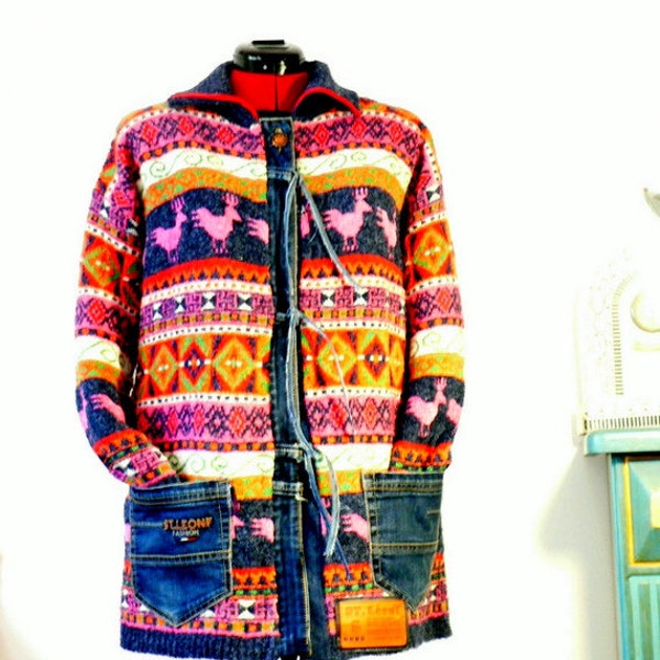 M/L Colourful recyclet ethnic cardigan sweater.